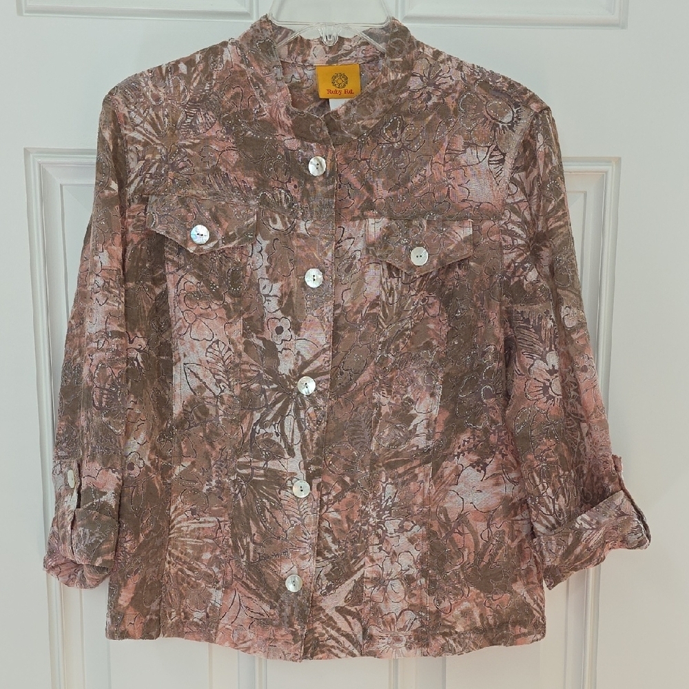 Ruby Rd. Pink and Brown Floral Blouse.  Size 10
